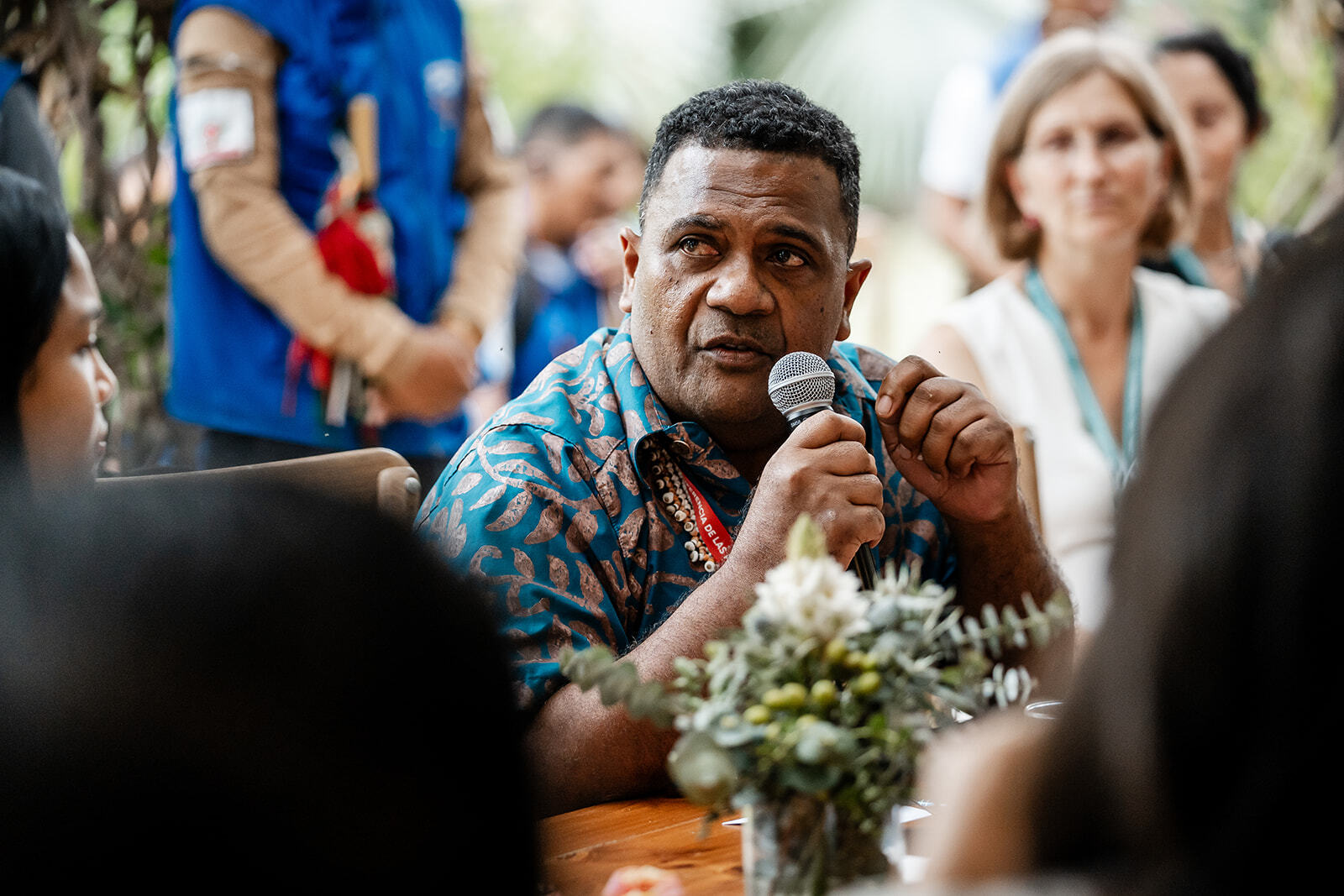 The Honorable Trevor Mahaga (Bugotu People, Solomon Islands), Minister for Environment, Climate Change, Disaster Management and Meteorology of Solomon Islands speaks at the Nature House gathering in partnership with Nia Tero during COP16 in Cali, Colombia. Photo by Joe Short / Nature House.