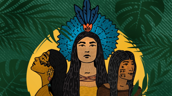 The illustration portrays three Indigenous women from the Amazon rainforest
