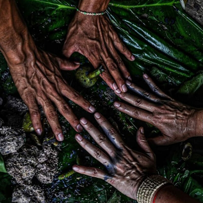 Two sets of hands pressing into the earth